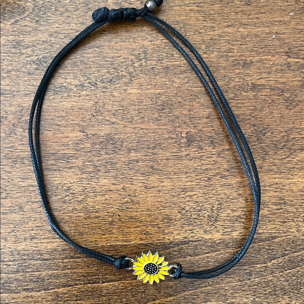 Black Cord Bracelet with Yellow Sunflower Charm